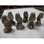 Six Modern Hallmarked Silver Filled Models of Owls, tallest 8cm high. (6)