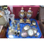 A Pair of Gilded Brass and Enamel Vases, a pair of epergnes with trumpet glass lines, etc,