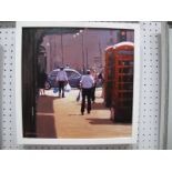 Brook, Oil on Board of a Busy Street Scene, with red telephone boxes in the foreground, signed lower