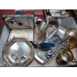 Hallmarked Silver Napkin Rings, swing handled plated dishes, goblets, cased spoons, candelabrum