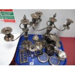 A Pair of Plated Candelabra's (damaged), plated toast rack, etc:- One Tray