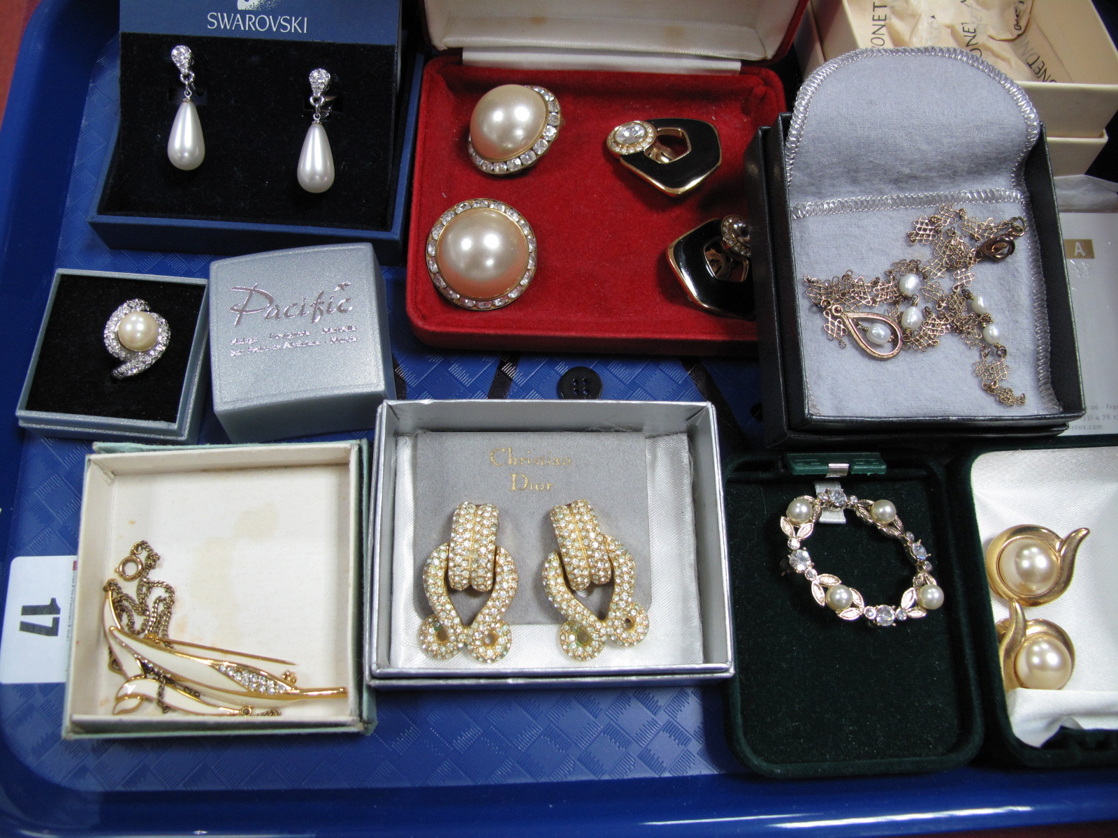 A Delicate Fresh Water Pearl and Gilt Necklace, Swarovski and other costume earrings, etc.