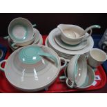 Susie Cooper Green and Beige Banded Dinner Ware, including tureen, dinner plates, soup bowls,