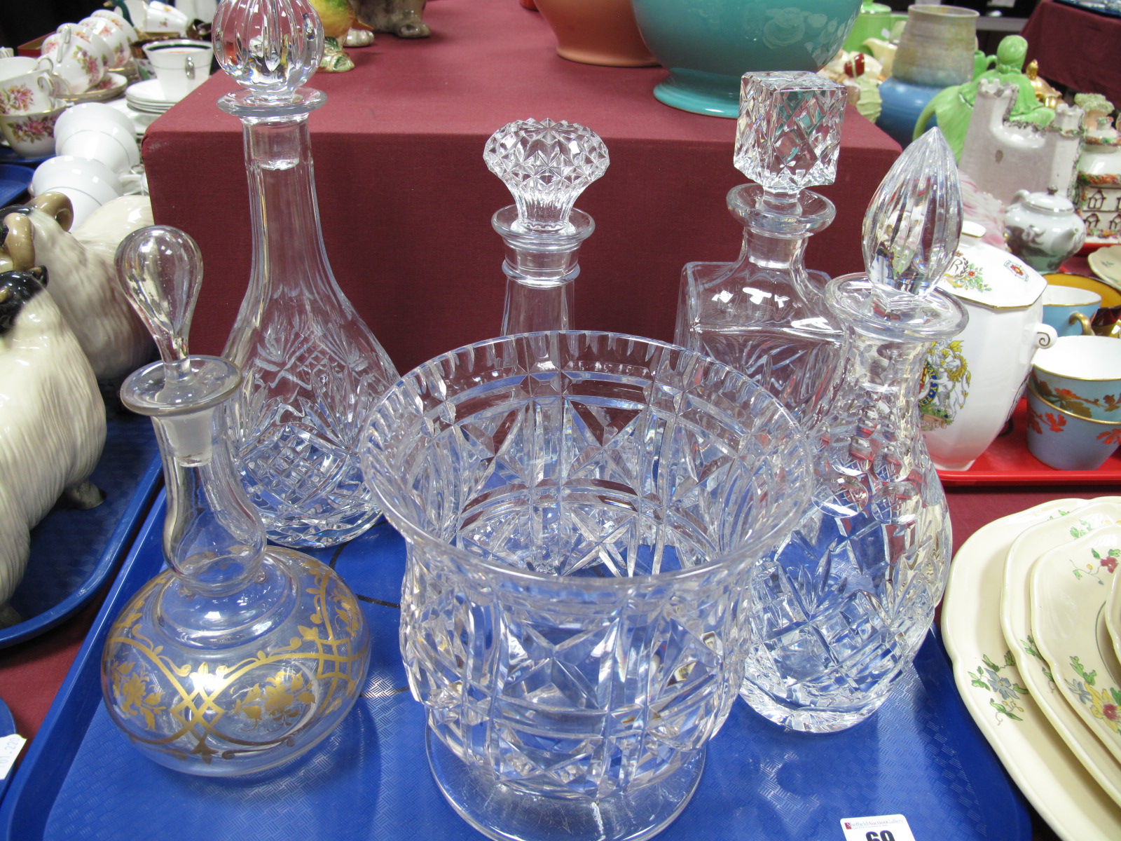 Cut Glass Decanters, pressed glass ships decanter, cut glass bowl, etc:- One Tray