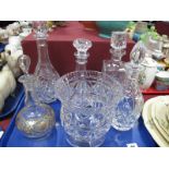 Cut Glass Decanters, pressed glass ships decanter, cut glass bowl, etc:- One Tray