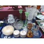 A Pair of Pressed Green Glass Candlesticks, glass powder bowl, pressed glass celery vase, etc:-