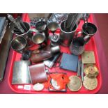 A White Metal Floral Embossed Jug, tankards, cutlery, powder compacts, hip flasks, etc:- One Tray