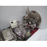 A Mixed Lot of Assorted Plated Ware, including decanter on stand, large rectangular twin handled