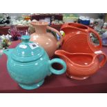 H.L.C 'Fiesta USA' Turquoise Teapot, red pouring jug, sauce boat, salmon pink jug in the Art Deco