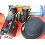 A Dunn & Co Bowler Hat, Lichter 7 x 50 and Scheffel 20 x 50 binoculars.