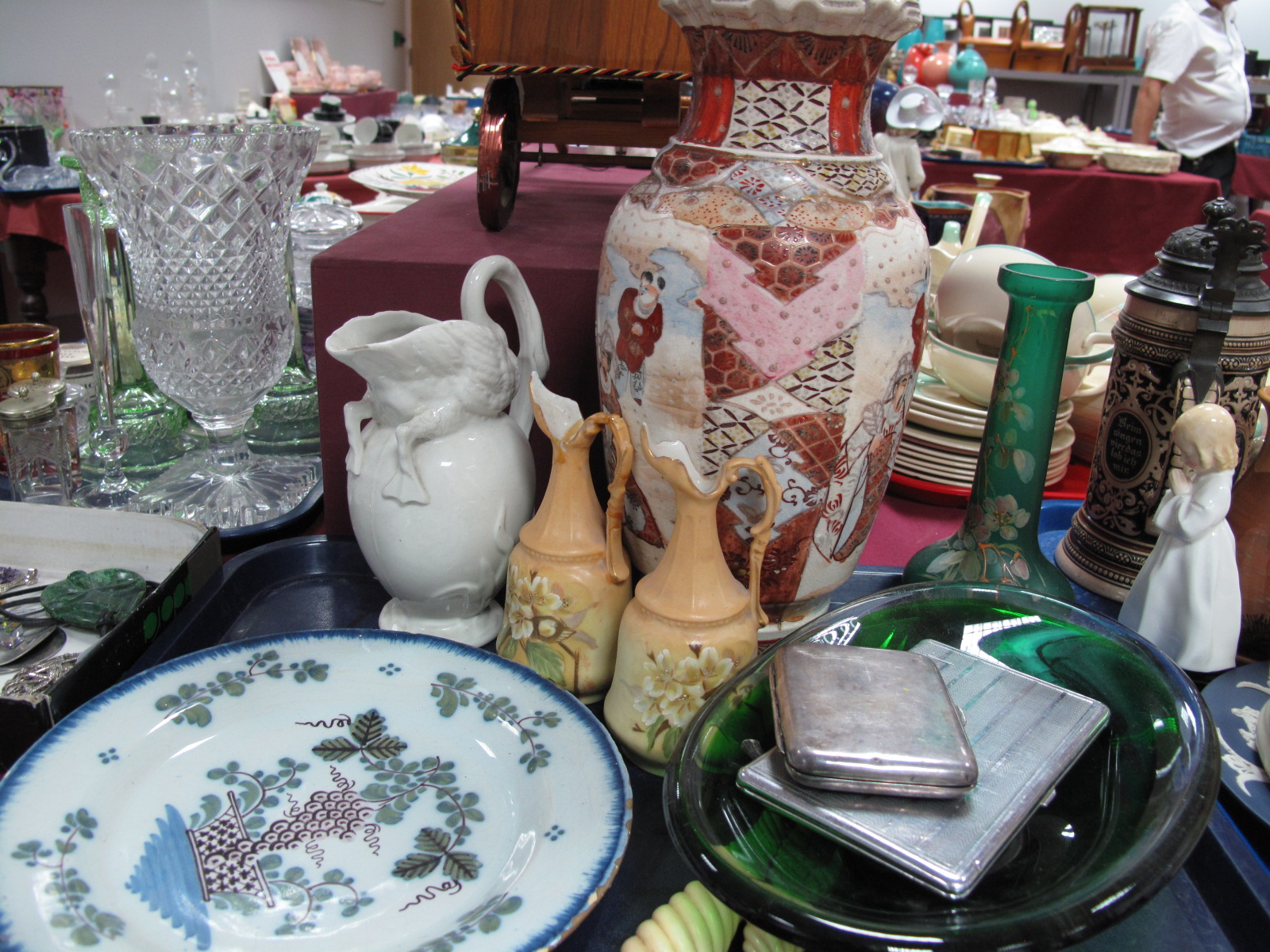 A Meiji Period Satsuma Vase, tin glaze plate, vesta case, cigarette case, glass vase, oil bottles,