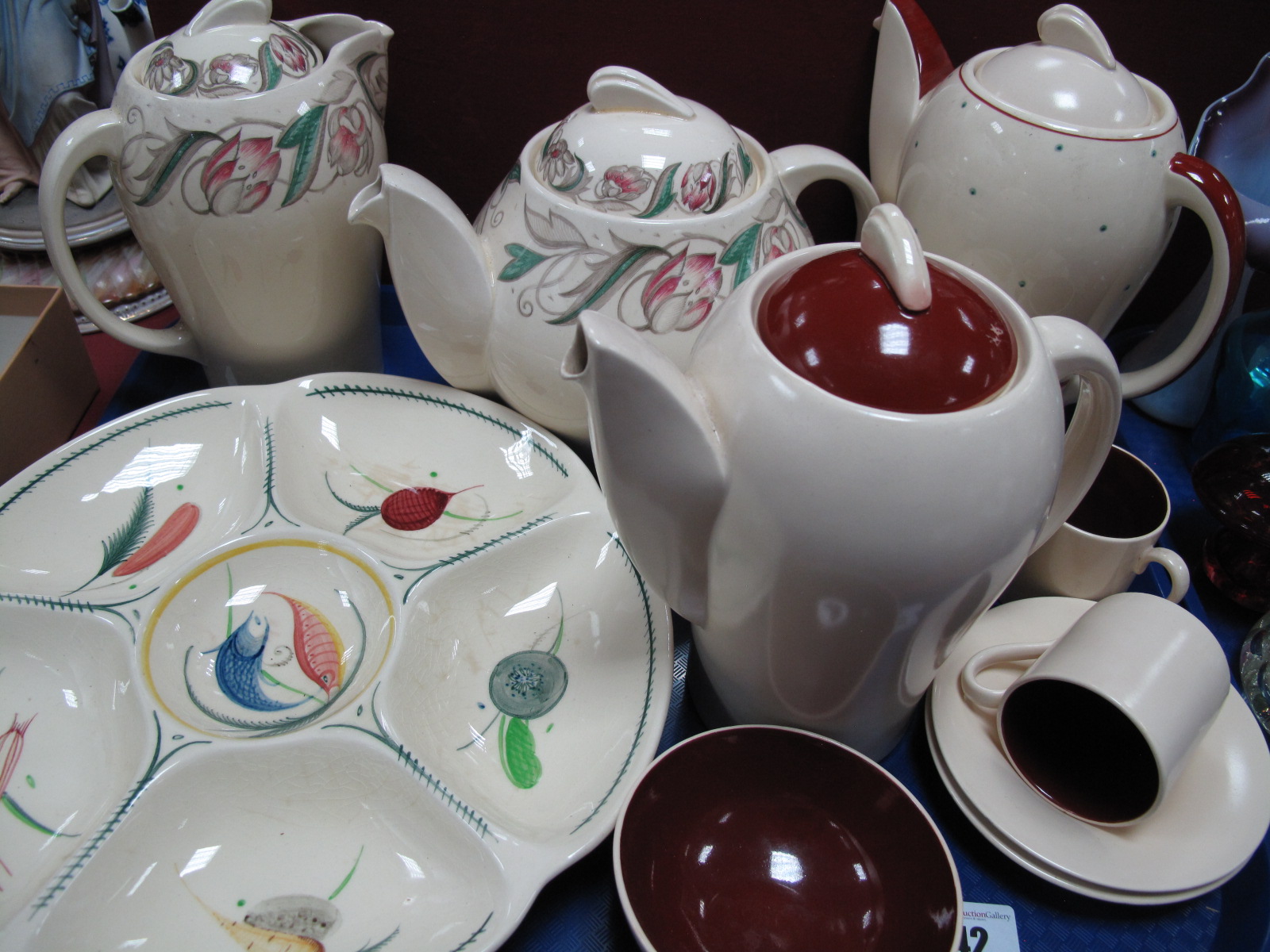 Susie Cooper 'Endon' Coffee and Teapot and Sugar Bowl, other Susie Cooper pottery:- One Tray