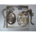 A Large Oval Locket Pendant, allover leaf scroll engraved, stamped "925"; on a belcher link chain