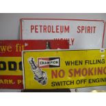 'Lodge', 30.5 x 51cm, and 'Champion', 25 x 58cm, Spark Plugs Signs and 'Petroleum Spirit', by L.A.