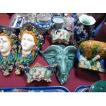 A Pair of Majolica Posy Dishes, (damaged), later wall pockets, vase, rams head wall pocket, etc:-