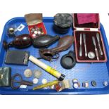 Pipes, silver manicure implements, studs, Zippo lighter, coins, badges, etc:- One Tray