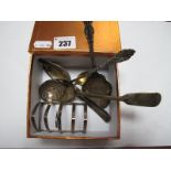 A Hallmarked Silver Five Bar Toast Rack, a hallmarked silver fork and spoon, decorative sifter spoon