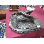 After Aichele, Circa XX Century Bronzed Study of a Reclining Naked Female Upon Rock, 29.5cm wide.