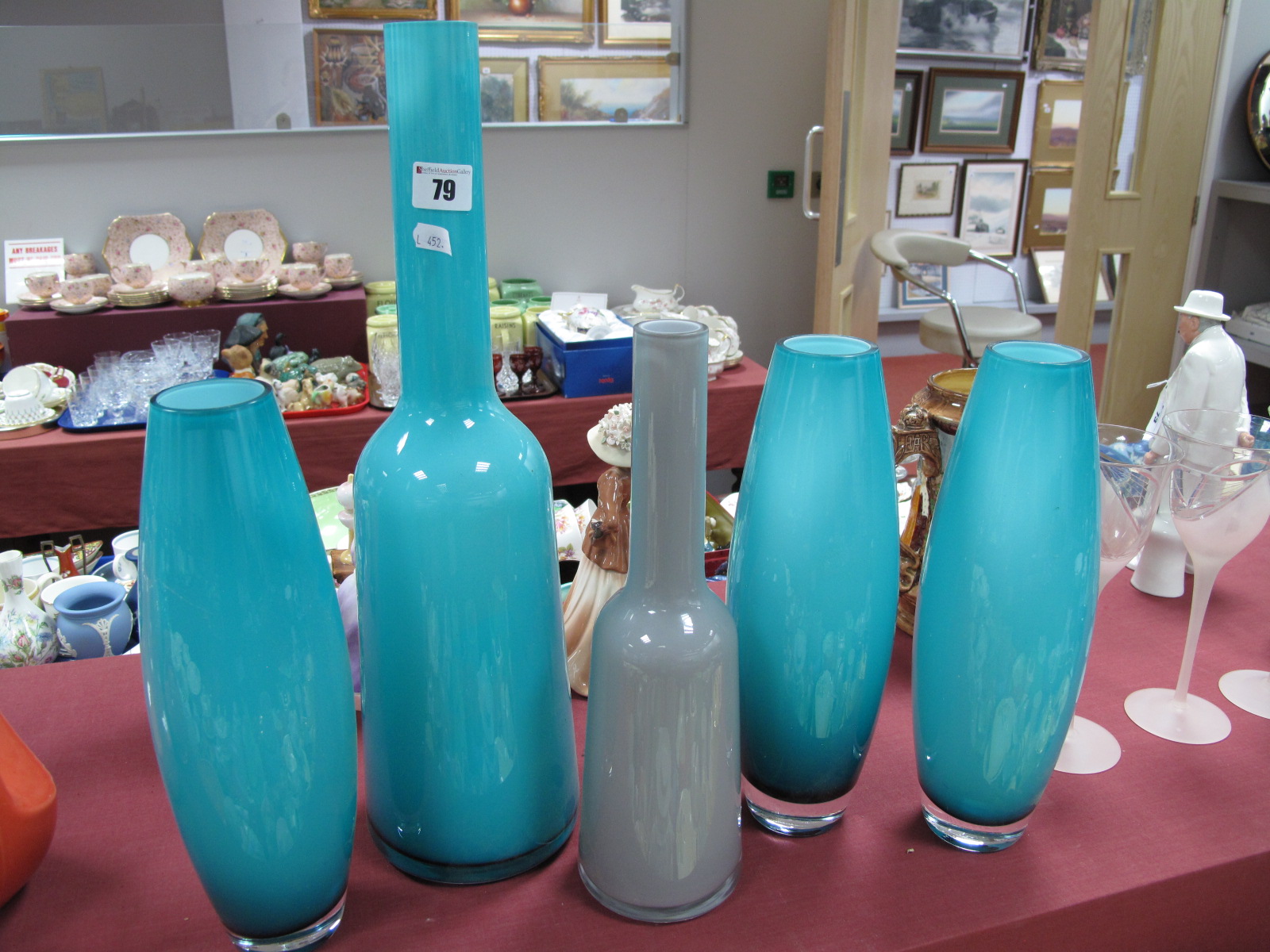 Three Villeroy and Boch Oval Turquoise Glass Vases, 30cm high, larger bottle vase, another in