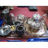 A Plated Teapot, hotel hot water jug, sugar helmet, etc:- One Tray
