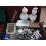 A Pair of Nostalgia Busts, Manikin cigar box, bible box, faux grapes, etc:- One Tray