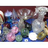 Two Decanters, Mdina and other paperweights, amber posy, basket, etc:- One Tray