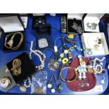 Assorted Costume Brooches, bangle, novelty necklaces, large vintage clown pendant, etc:- One Tray