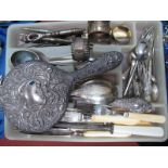 A Silver Backed Mirror, plated napkin rings, cutlery in tray.