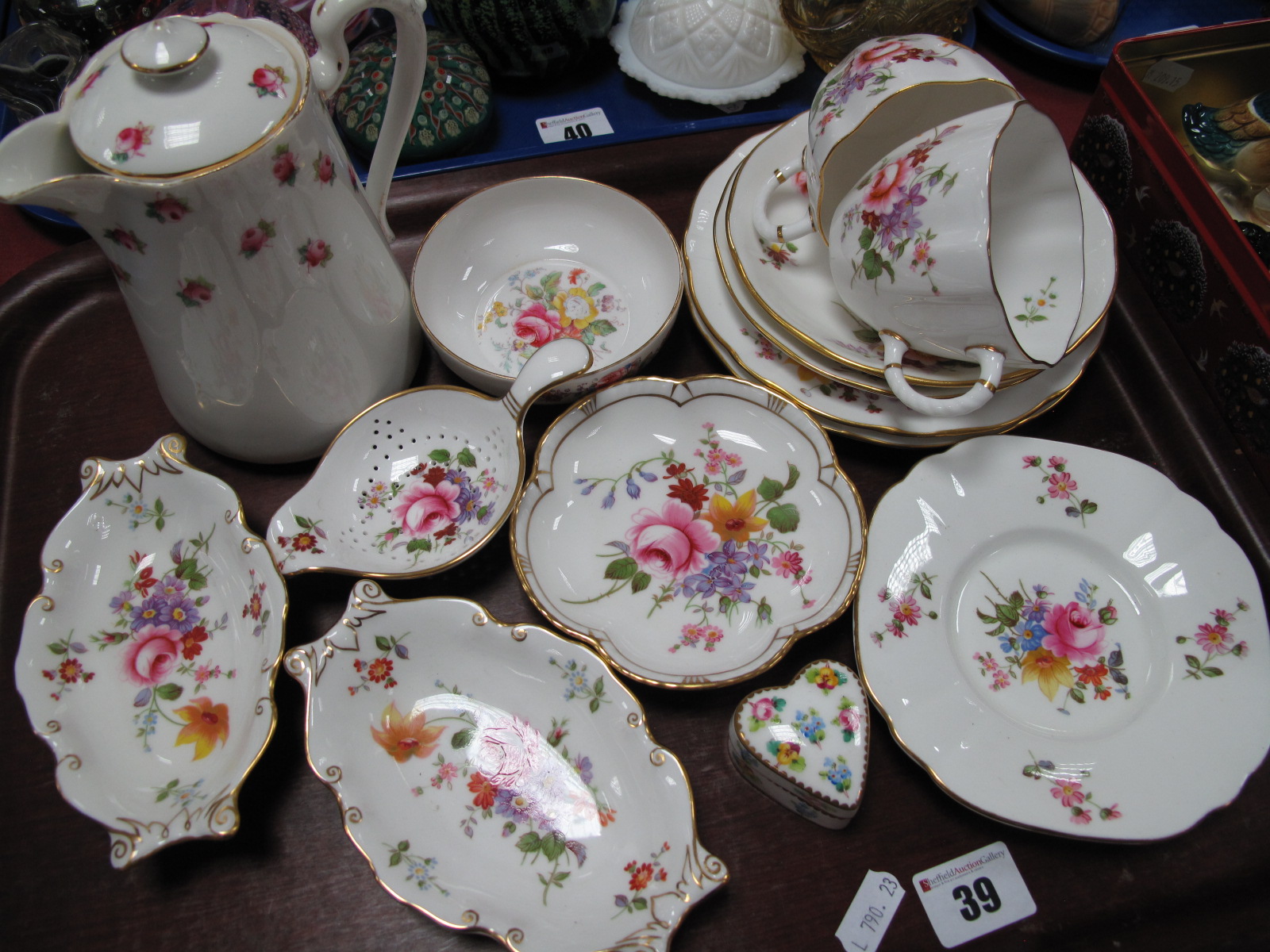 A Grosvenor Hot Water Jug, Minton heart shaped trinket box, Crown ' Derby Posies', china:- One Tray