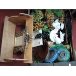 A Wooden Book Trough, with bird ends, faux fruit, mirror, cherub wall hangings, etc:- One Box