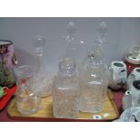 Two Whisky Decanters, ships decanter, two others:- One Tray