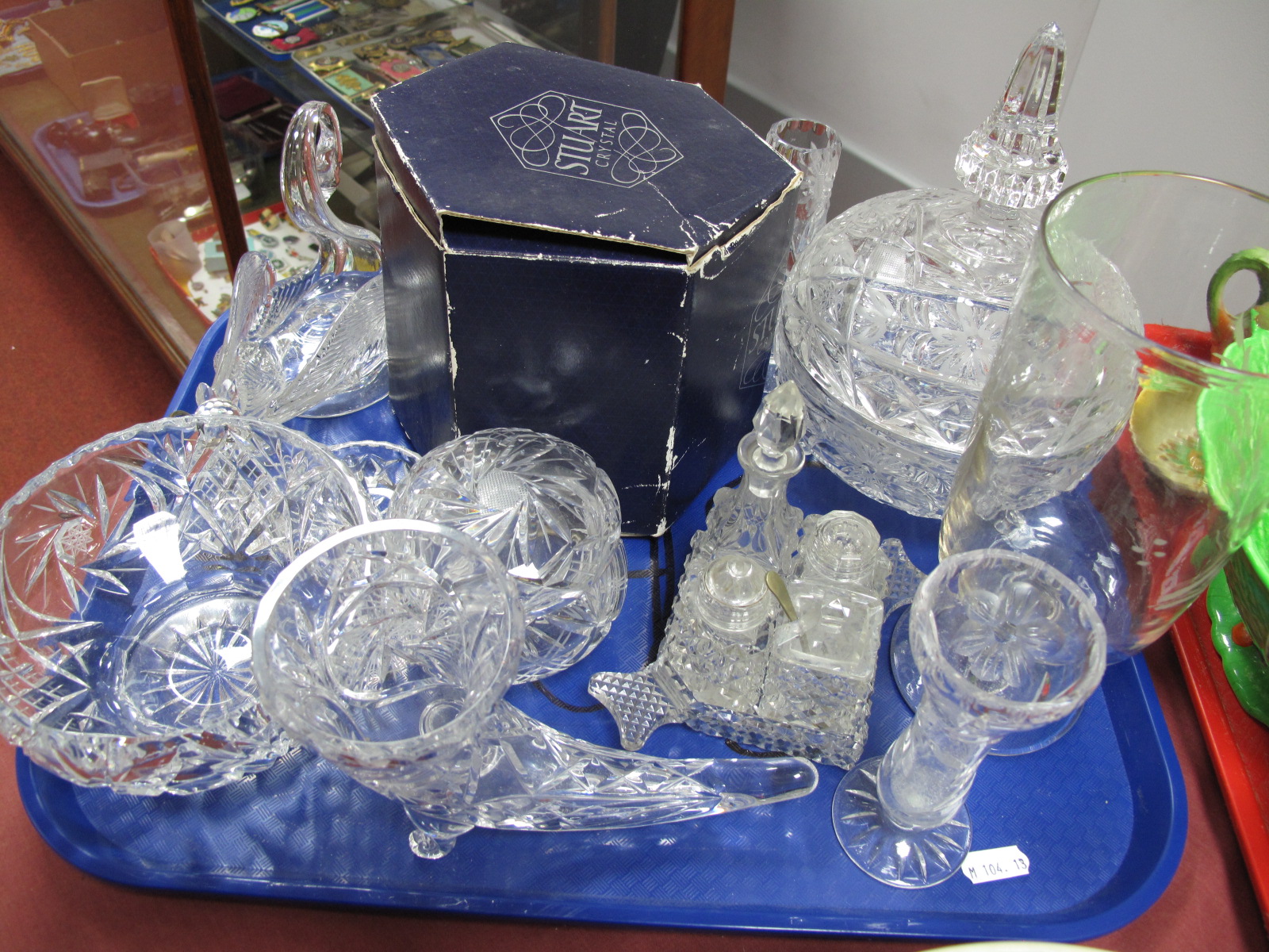 An Etched Glass Celery Vase, Stuart Rose bowl, condiment set, cornucopia vase etc:- One Tray