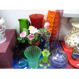 An Italian Orange Glass Italian Style Vase, other coloured glassware:- One Tray