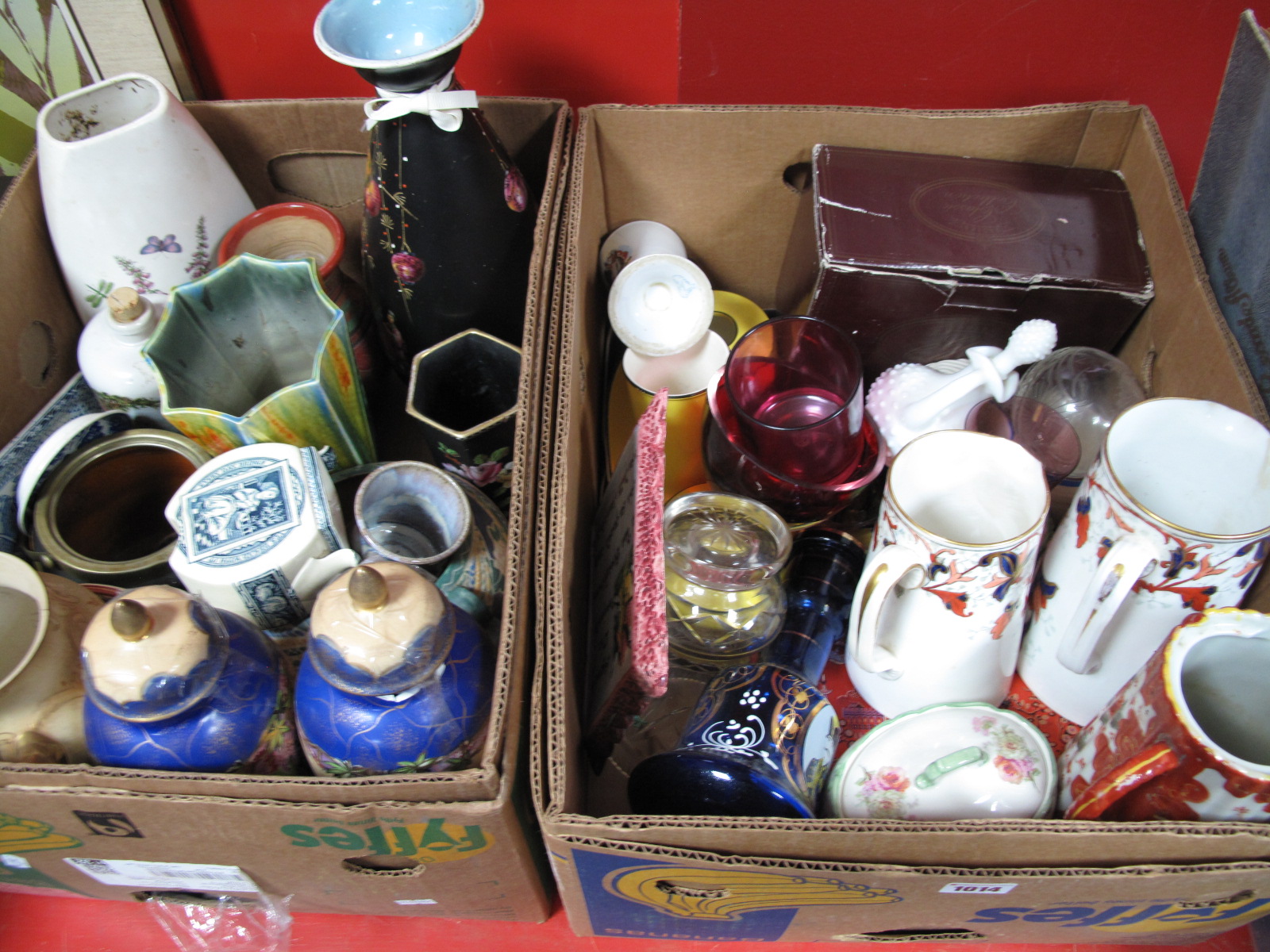 Vases, jugs, other ceramics, glassware (damages):- Two Boxes