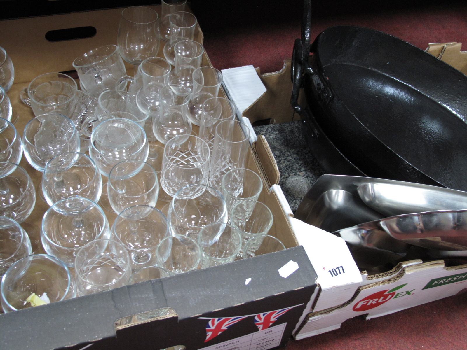 Two Cast Iron Cooking Pans, wine glasses and other glassware etc:- Two Boxes