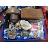 Wade Figures, oak jewel box as a coffer, clocks, Worcester posy vase, etc:- One Tray