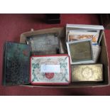 Scissors, postcards, 1886 brass etching plate, tins, etc:- One Box