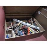 Woodworkers Tools, to include, Chesterman tape, spirit level, marking gauges, G-clamps, in box.