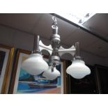 A Mid XIX Century Art Deco Style Three Branch Ceiling Lamp, with white glass shades, white and