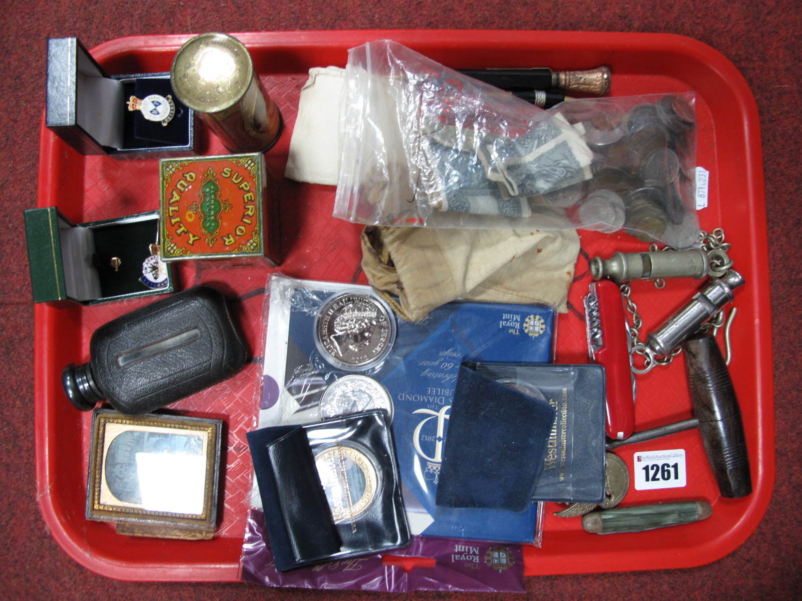 Coinage, banknotes, whistles, tins, hip flask, etc:- One Tray