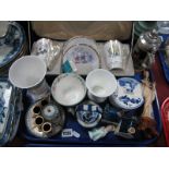 A Royal Worcester Blue China Teacups and Saucers, boxed, Spode, Wedgwood vases, pin cushion lady,