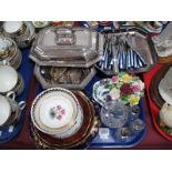 An Electroplated Entree Dish, of cushioned rectangular form, cake basket, loose cutlery, china posy,