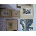 G. Britton Ink Sketches, 'The Great Hall, Haddon Hall', 'Treeton', flowers in glass, two Hugo Brehme