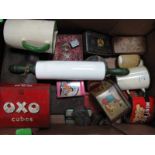 Tin Measuring Jugs, nut brown rolling pin, tin boxes, linens etc:- One Box