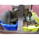 Steel War Helmets, scales, brassware, etc:- Two Boxes