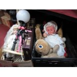 Soft Toys, Nuz Pink Panther Lamp, dolls, briefcase, etc:- Two Boxes