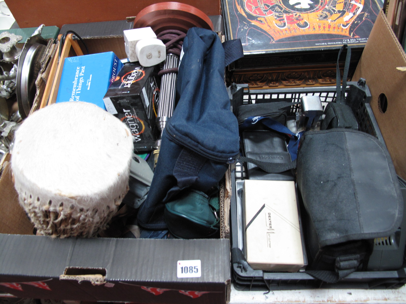 Drum, C.D.'s, lamp, binoculars, mat cutter, magnifier etc:- Two Boxes