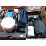 Drum, C.D.'s, lamp, binoculars, mat cutter, magnifier etc:- Two Boxes