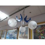 A Mid XIX Century Art Deco Style Three Branch Ceiling Lamp, white/clear glass decorative shades