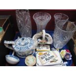 R. Brieley Cut Glass Vase, blue and white teapot, etc:- One Tray